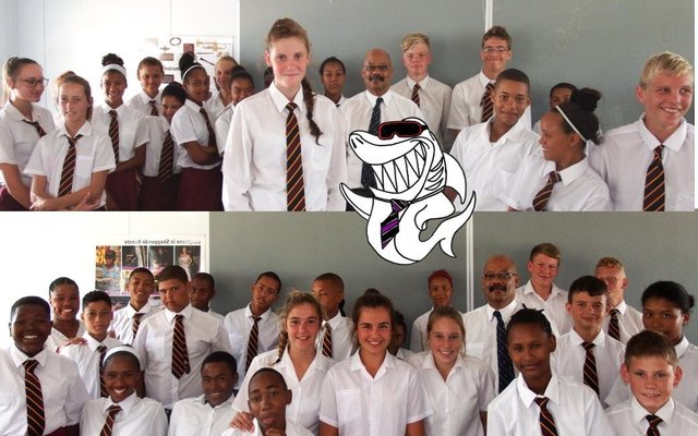 Die 2 helftes van Gansbaai Academia se nuwelinge (Gr 8â€™s), met die skoolhoof, mnr Tommy Wilson (Â±middel) tussen hulle